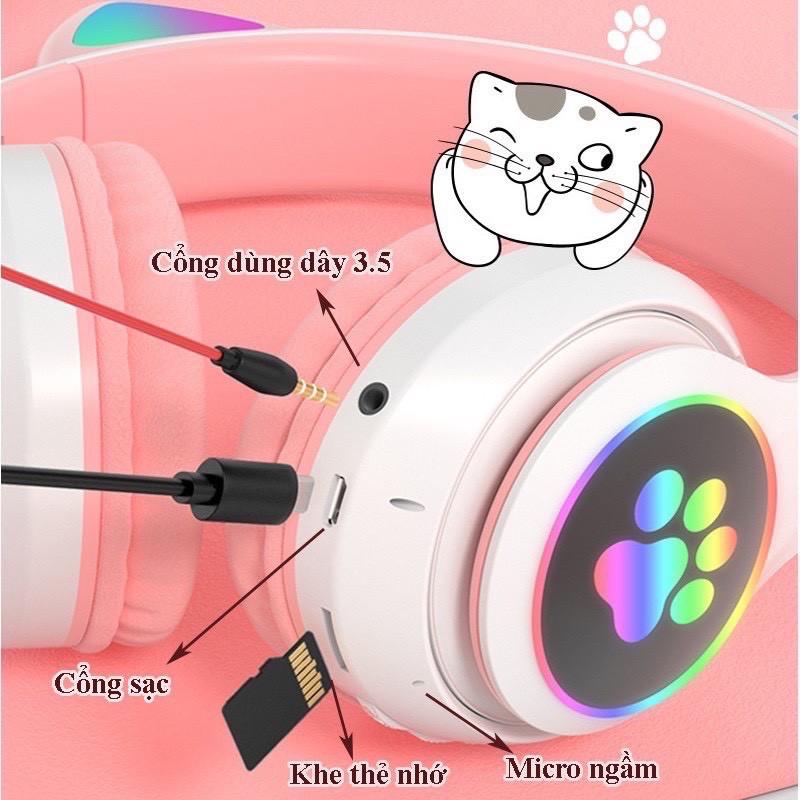 Tai nghe mèo VZV 28M – Có đèn led – Kết nối bluetooth 5.0 - Tai headphone có micro – hỗ trợ điều chỉnh âm lượng – Có cổng AUX, SD card – Âm thanh cực sống động