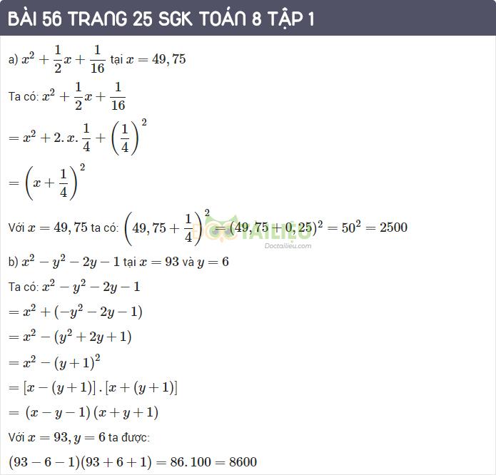 giải bài 56 trang 25 SGK toán 8 tập 1