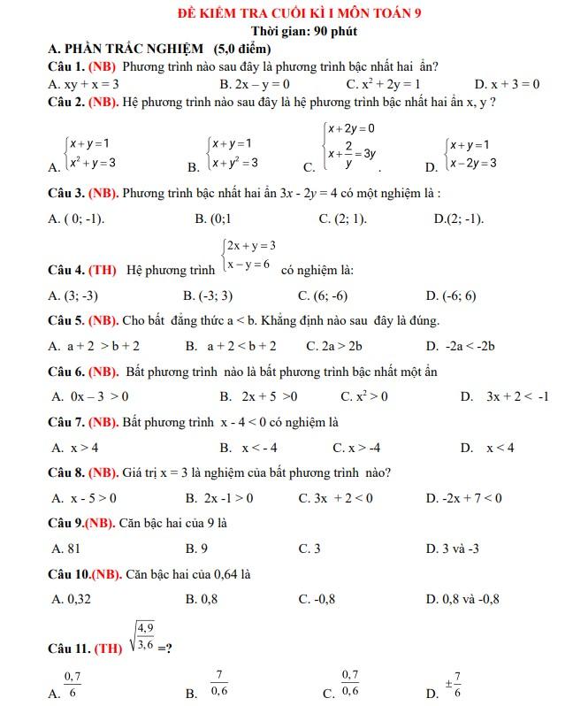 Đề thi học kì 1 lớp 9 môn toán và hướng dẫn giải chi tiết